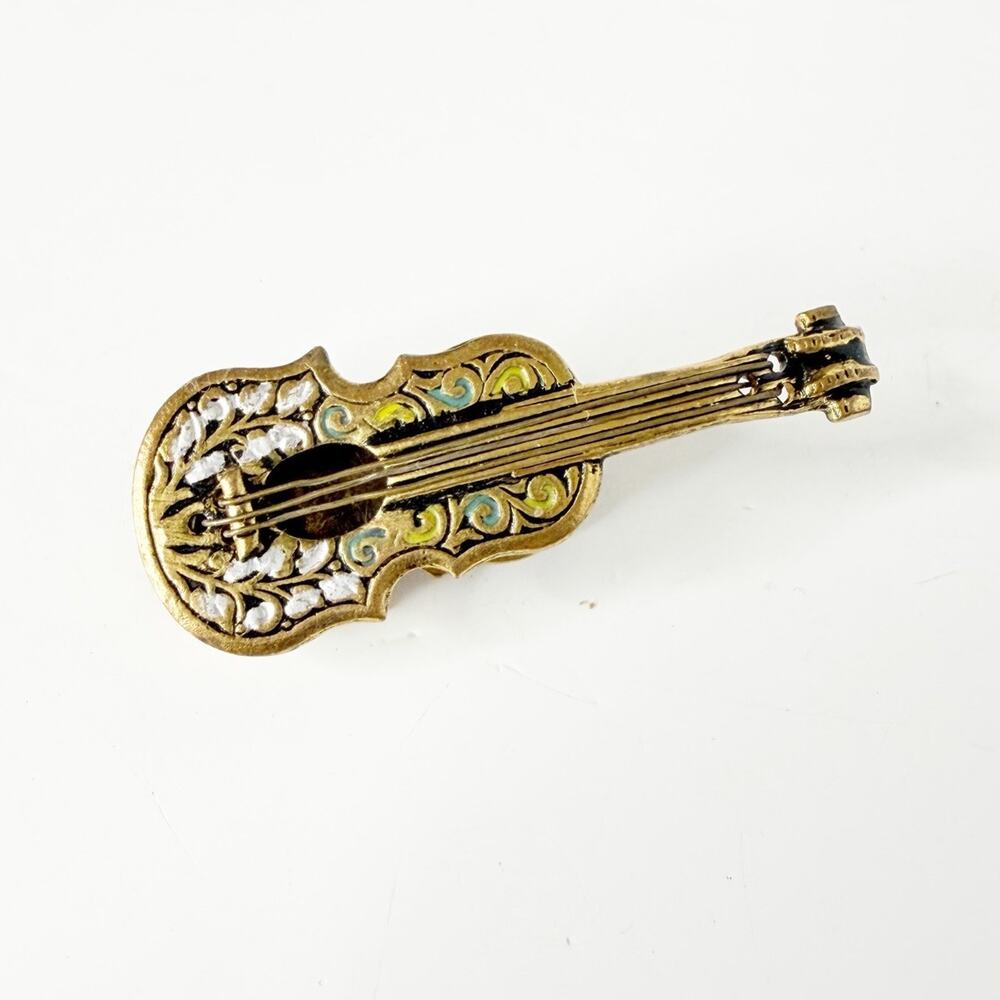 Vintage Damascene Violin Guitar Pin Brooch Art Deco Spain Gold Tone 2”